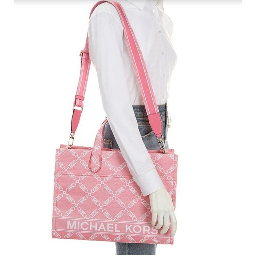 NWT Michael Kors Camilla Rose Gigi Large Logo Chain Jacquard Grab Tote Bag - Picture 4 of 11